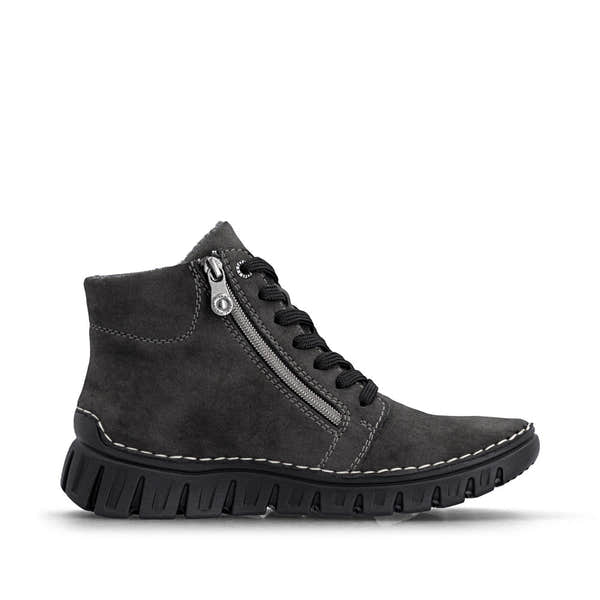 Rieker 57502-45 women's grey zip & lace mid-calf boots, outer side view.