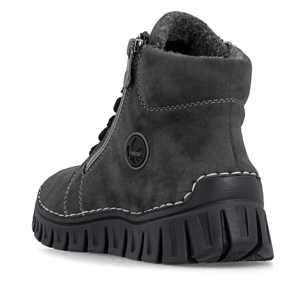 Rieker 57502-45 women's grey zip & lace mid-calf boots, rear three-quarter view.