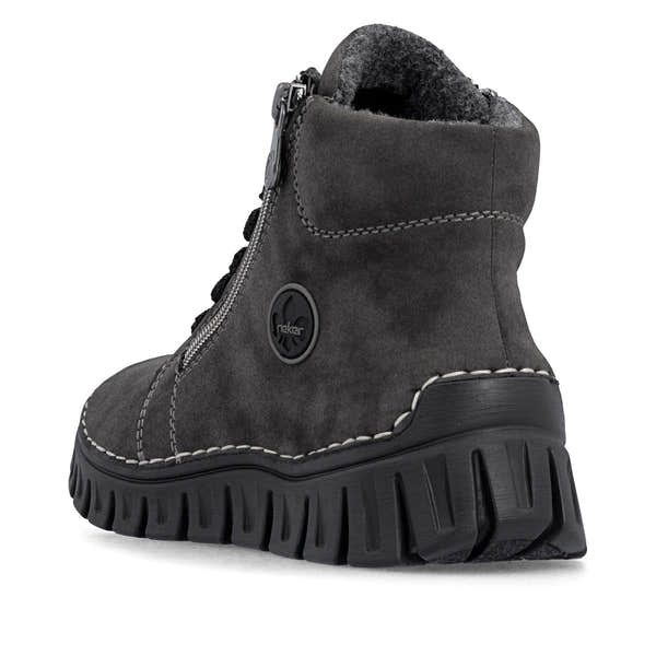 Rieker 57502-45 women's grey zip & lace mid-calf boots, rear three-quarter view.
