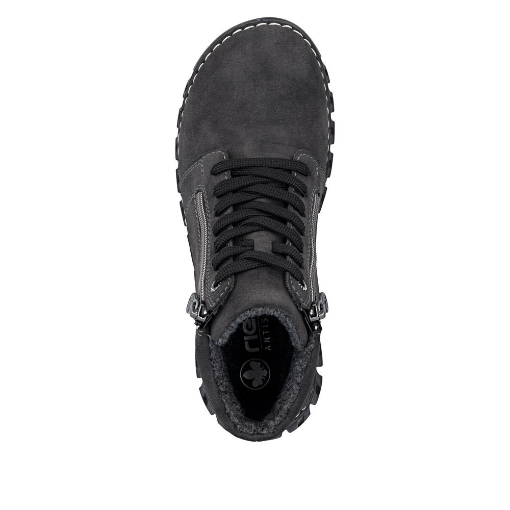 Rieker 57502-45 women's grey zip & lace mid-calf boots, top view.
