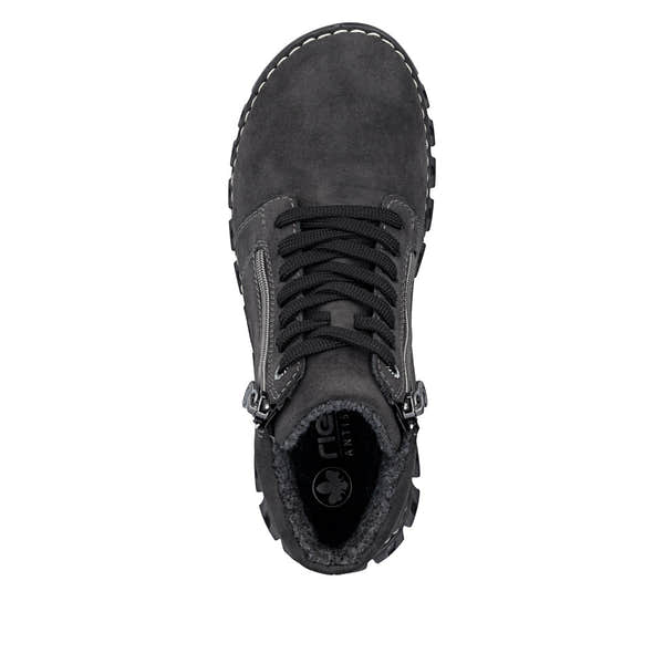 Rieker 57502-45 women's grey zip & lace mid-calf boots, top view.