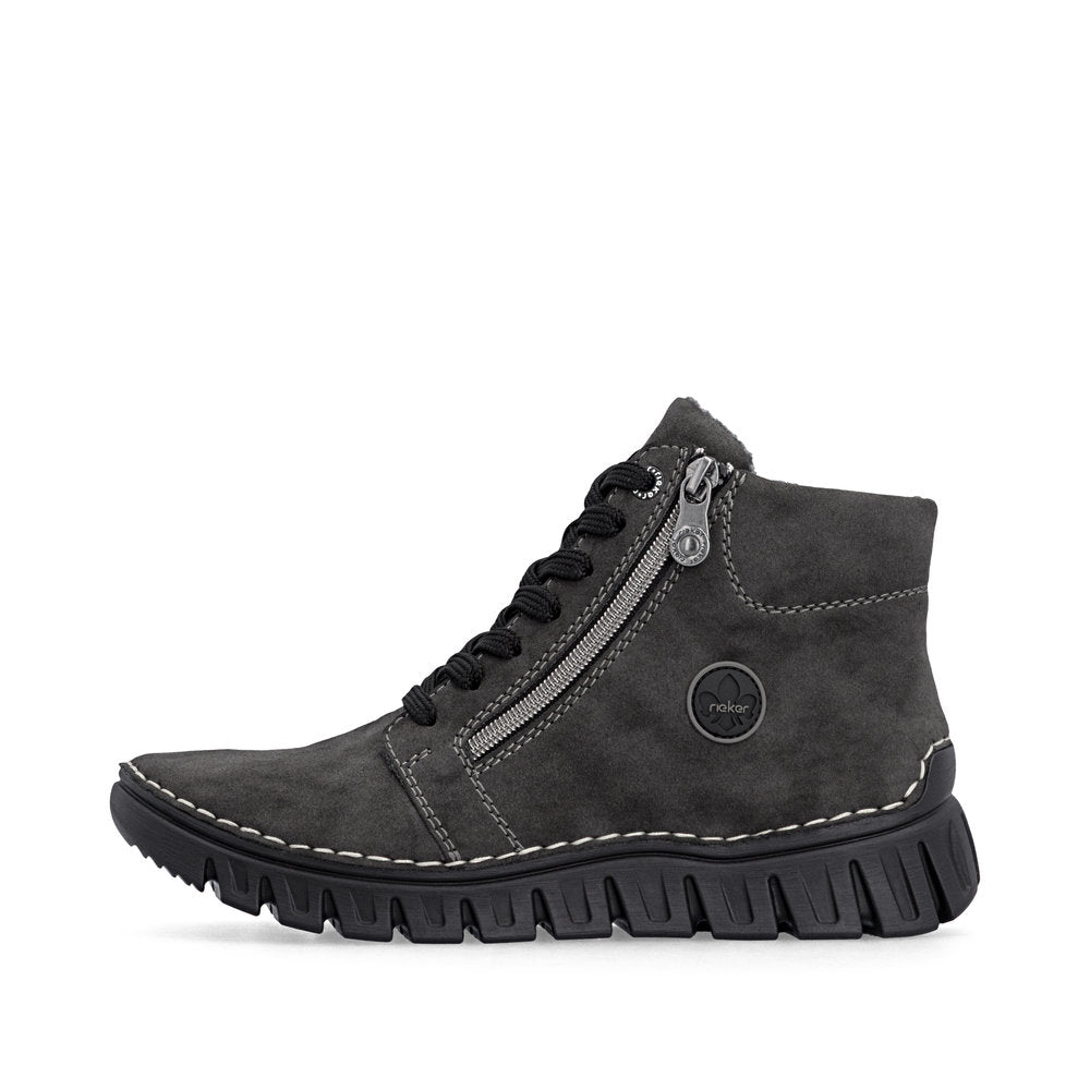 Rieker 57502-45 women's grey zip & lace mid-calf boots, inner side view.