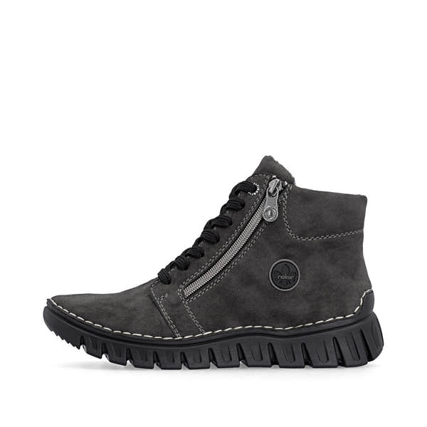 Rieker 57502-45 women's grey zip & lace mid-calf boots, inner side view.