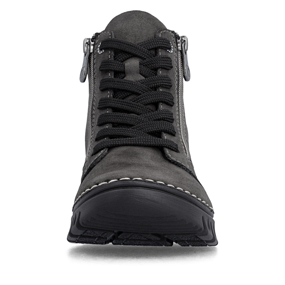 Rieker 57502-45 women's grey zip & lace mid-calf boots, front view.