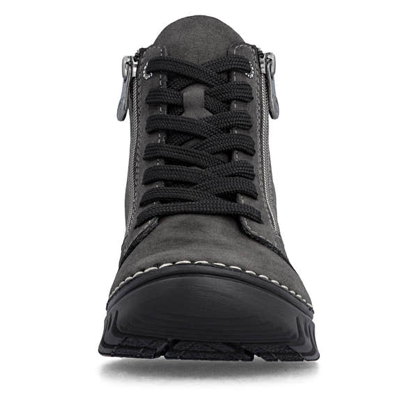 Rieker 57502-45 women's grey zip & lace mid-calf boots, front view.