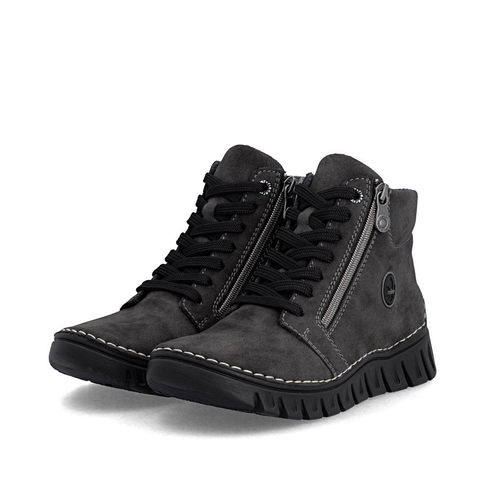 Rieker 57502-45 women's grey zip & lace mid-calf boots, paired three-quarter view.
