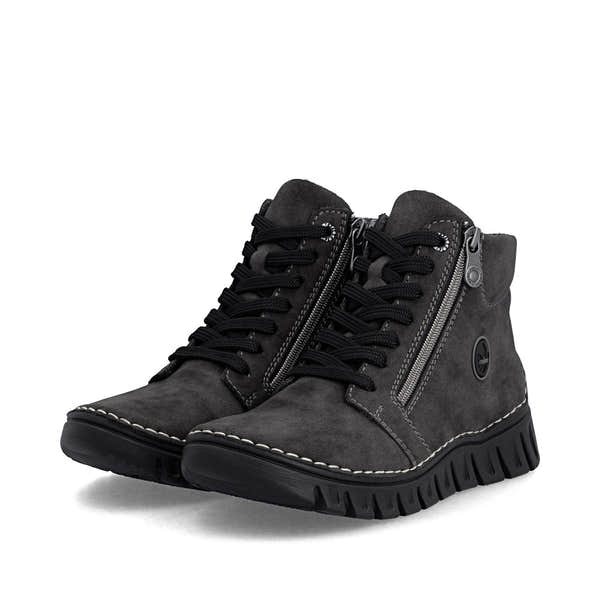 Rieker 57502-45 women's grey zip & lace mid-calf boots, paired three-quarter view.