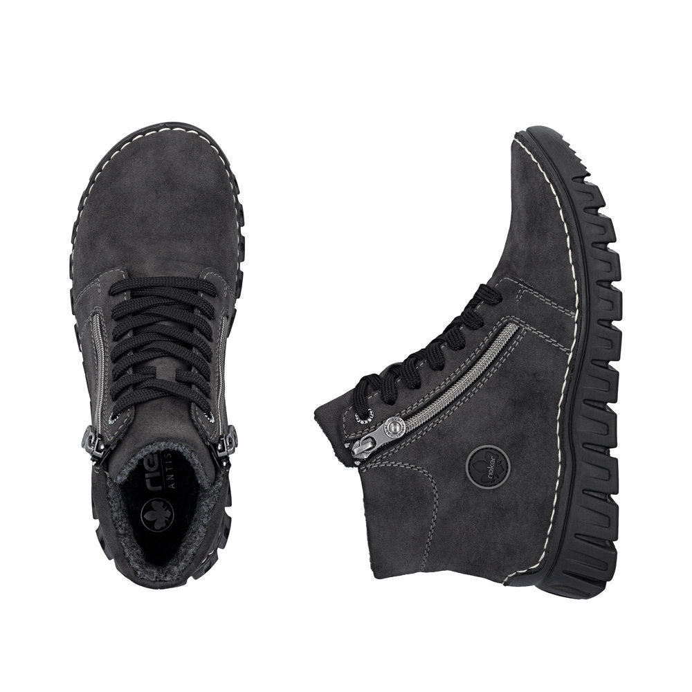 Rieker 57502-45 women's grey zip & lace mid-calf boots, two-angle product view.