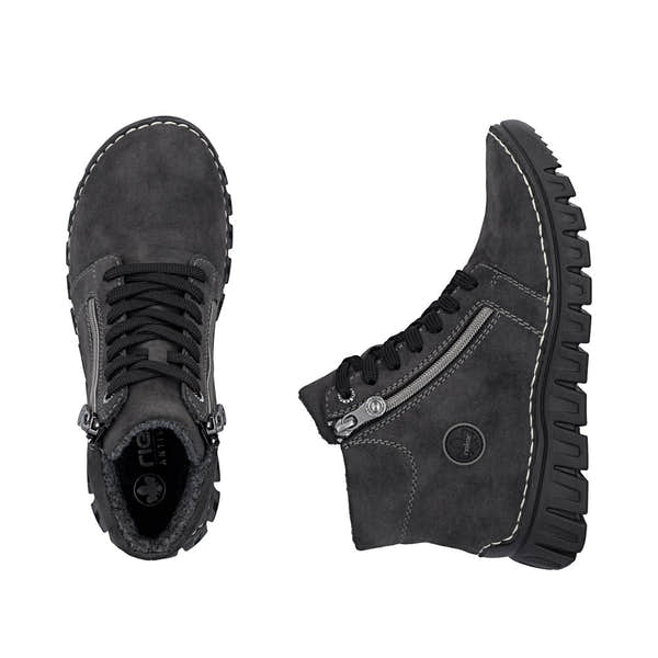 Rieker 57502-45 women's grey zip & lace mid-calf boots, two-angle product view.