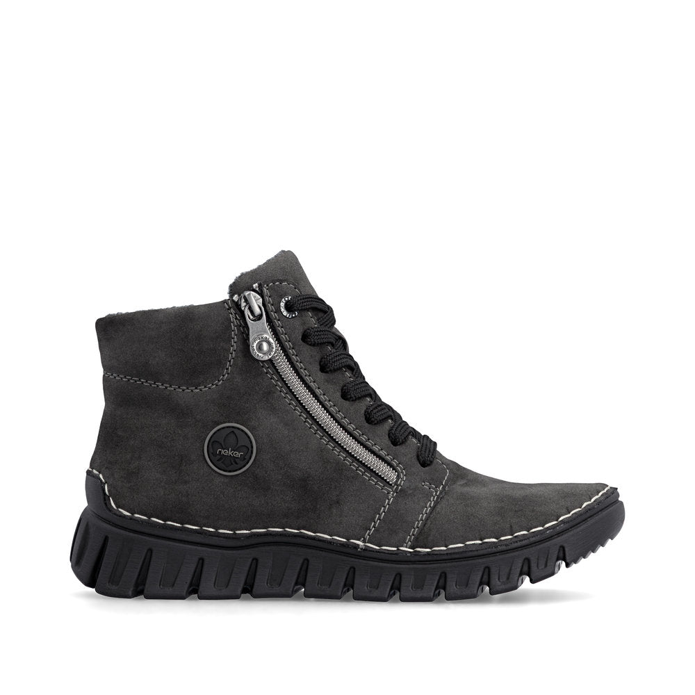 Rieker 57502-45 women's grey zip & lace mid-calf boots, opposite side view.
