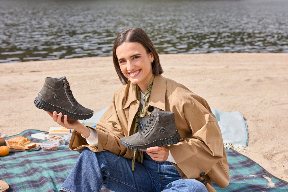 Rieker 57502-45 women's grey zip & lace mid-calf boots, lifestyle view 2 of 11.