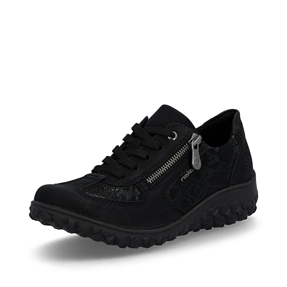 Rieker 59501-00 women's black zip & lace trainers, front three-quarter view.