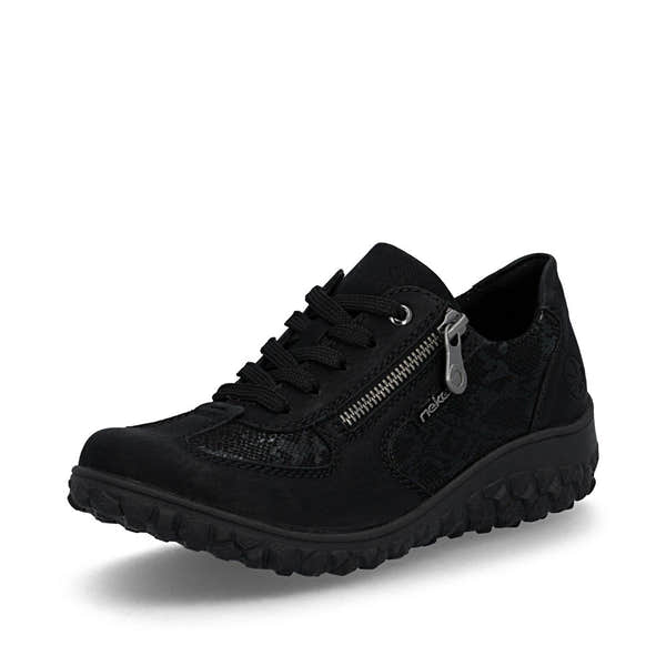 Rieker 59501-00 women's black zip & lace trainers, front three-quarter view.