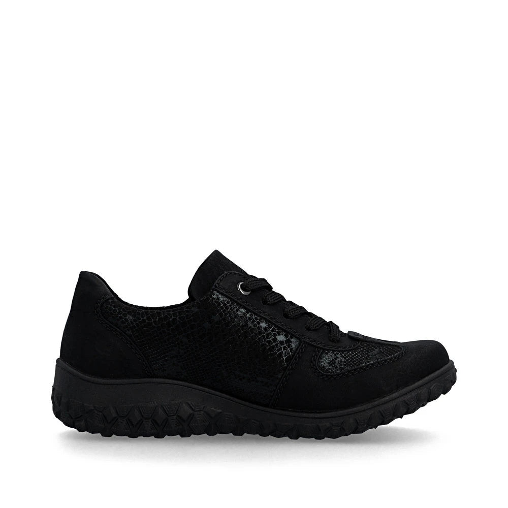 Rieker 59501-00 women's black zip & lace trainers, outer side view.