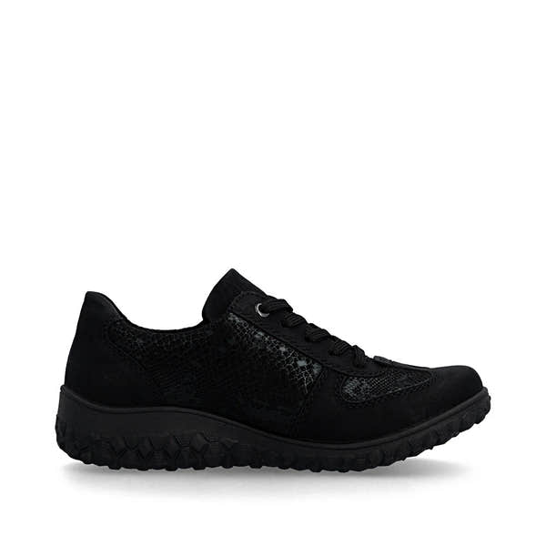 Rieker 59501-00 women's black zip & lace trainers, outer side view.