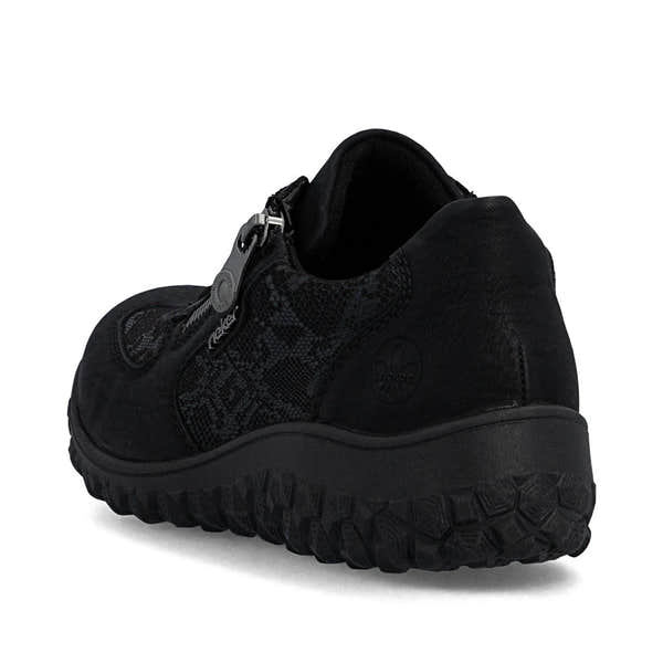 Rieker 59501-00 women's black zip & lace trainers, rear three-quarter view.