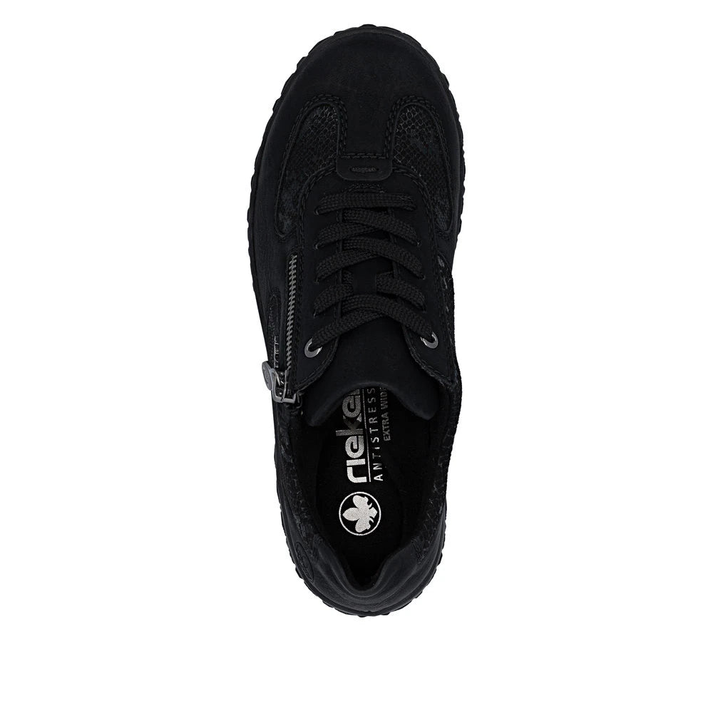 Rieker 59501-00 women's black zip & lace trainers, top view.