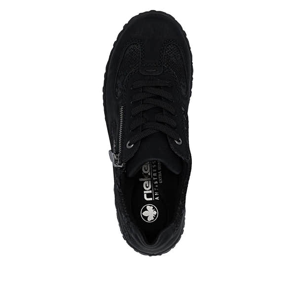 Rieker 59501-00 women's black zip & lace trainers, top view.