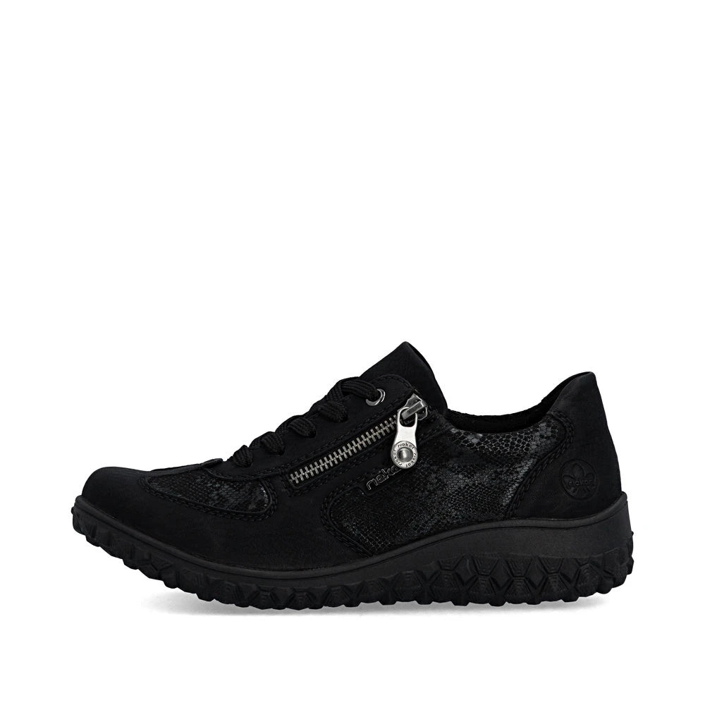Rieker 59501-00 women's black zip & lace trainers, inner side view.