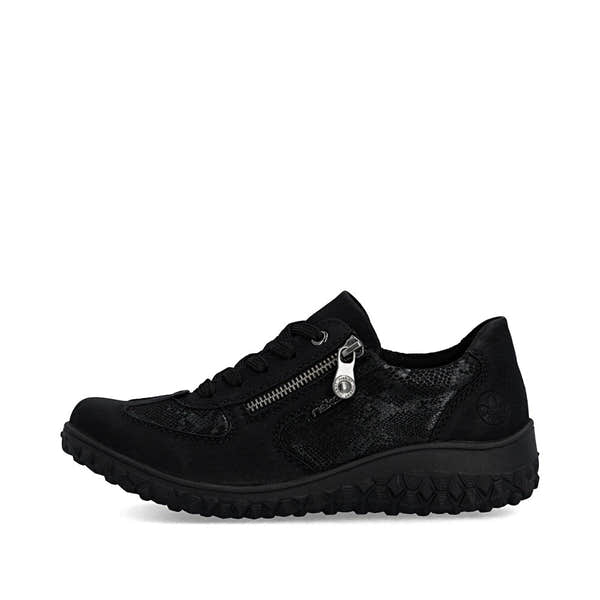 Rieker 59501-00 women's black zip & lace trainers, inner side view.