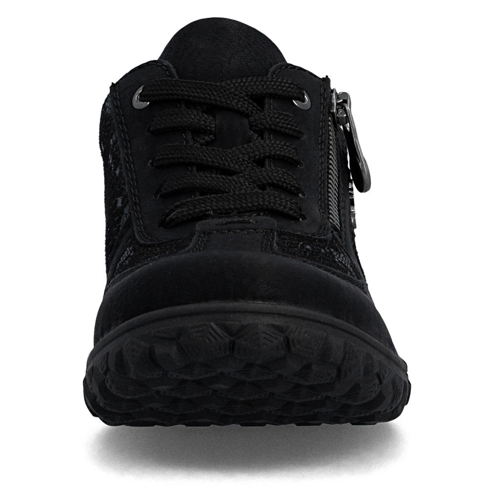 Rieker 59501-00 women's black zip & lace trainers, front view.