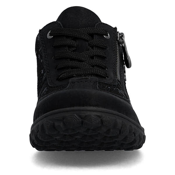 Rieker 59501-00 women's black zip & lace trainers, front view.