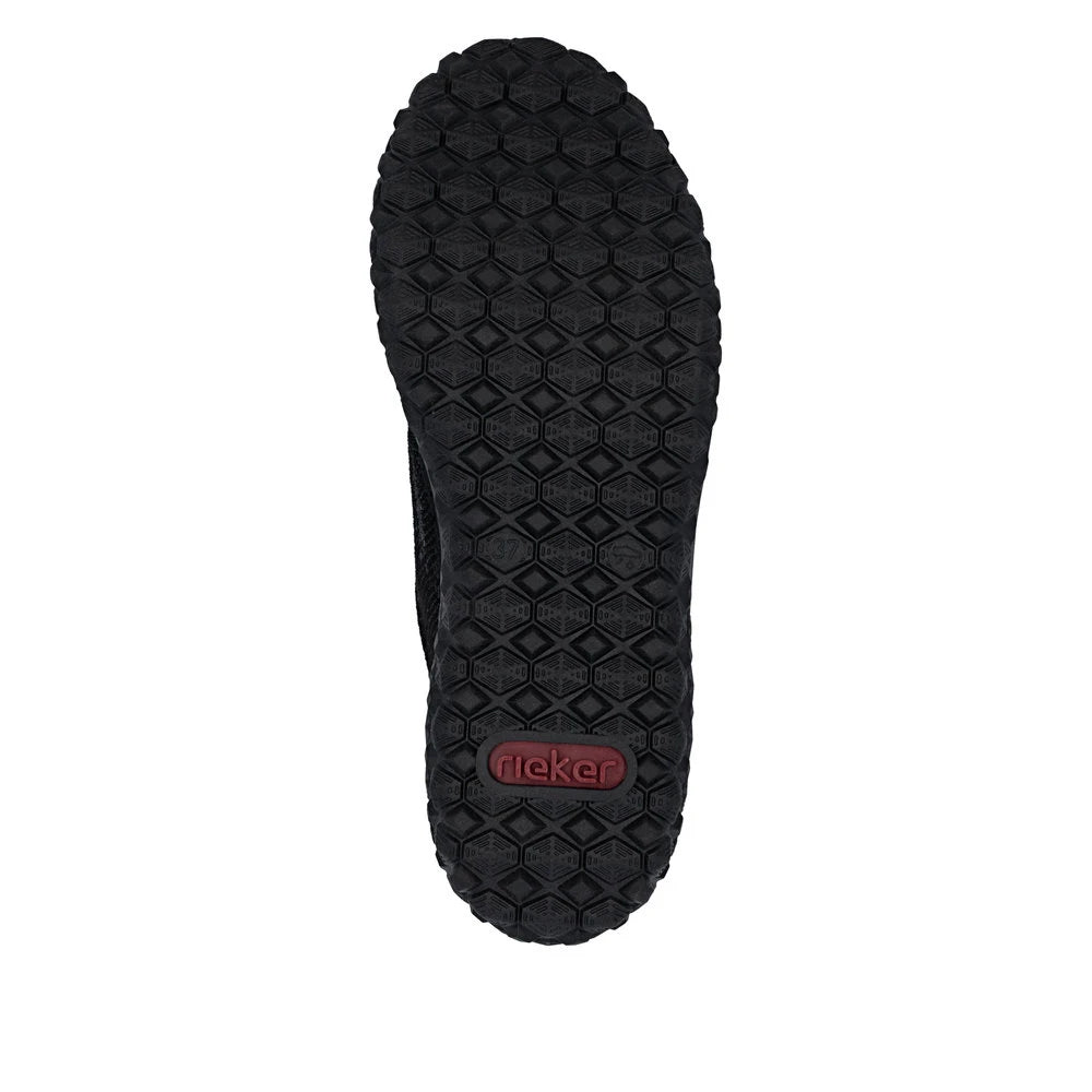 Rieker 59501-00 women's black zip & lace trainers, sole and tread view.
