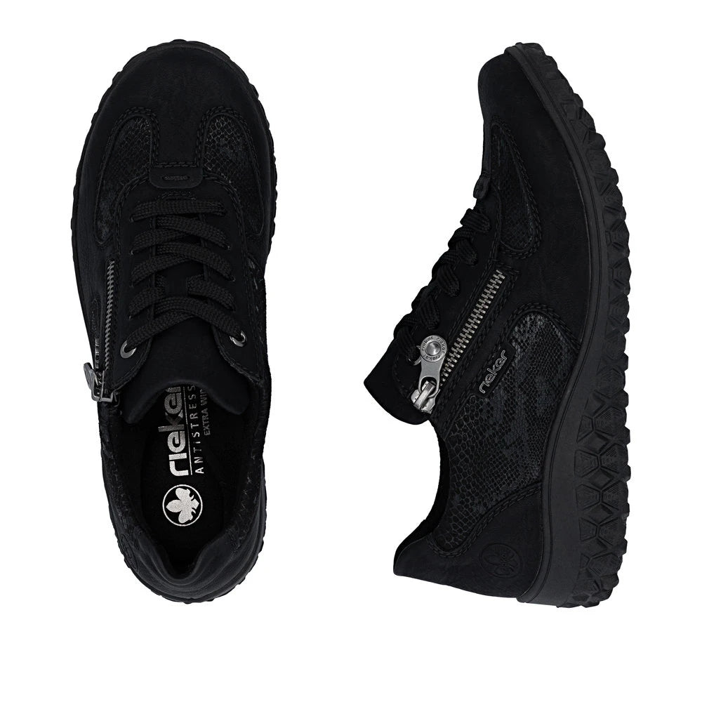 Rieker 59501-00 women's black zip & lace trainers, two-angle product view.