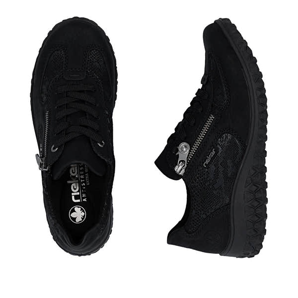 Rieker 59501-00 women's black zip & lace trainers, two-angle product view.
