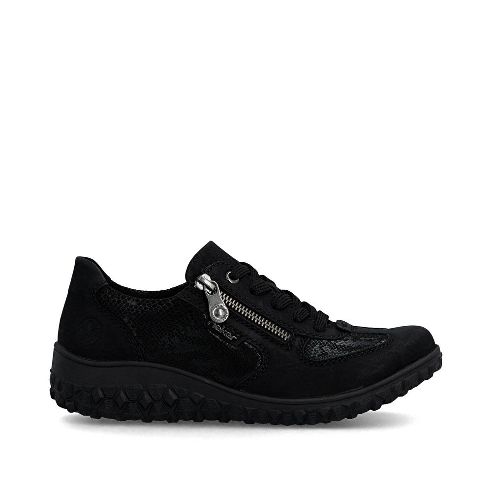 Rieker 59501-00 women's black zip & lace trainers, opposite side view.