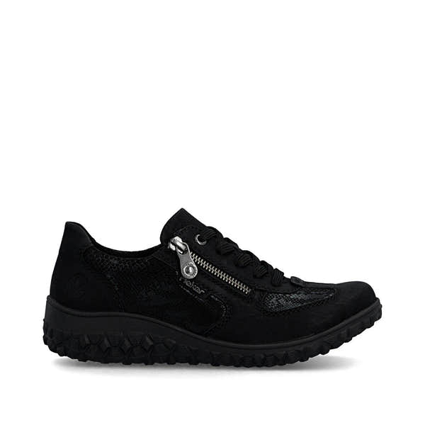 Rieker 59501-00 women's black zip & lace trainers, opposite side view.