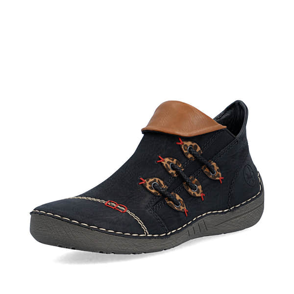 Rieker 72581-00 women's multi zip & lace ankle boots, front three-quarter view.