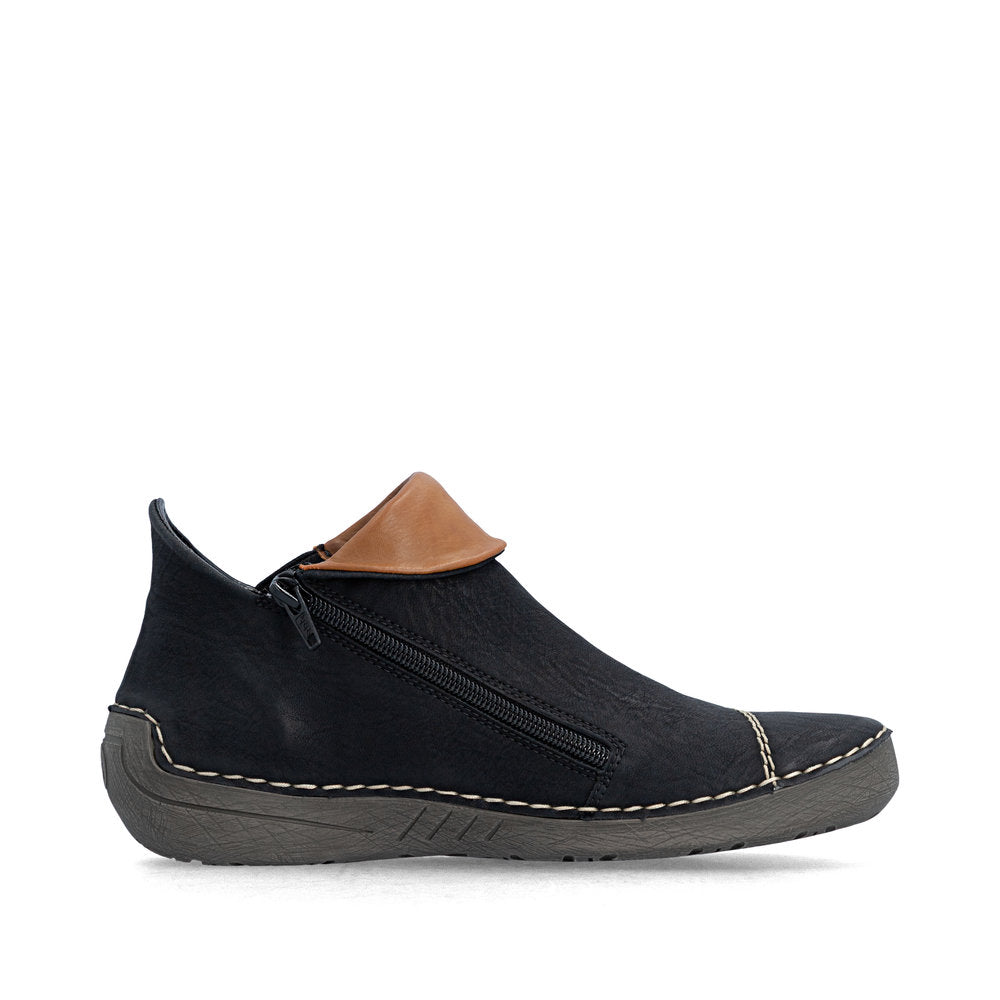Rieker 72581-00 women's multi zip & lace ankle boots, outer side view.