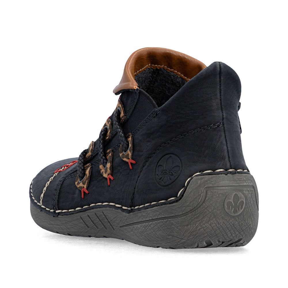 Rieker 72581-00 women's multi zip & lace ankle boots, rear three-quarter view.