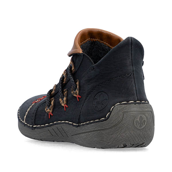 Rieker 72581-00 women's multi zip & lace ankle boots, rear three-quarter view.