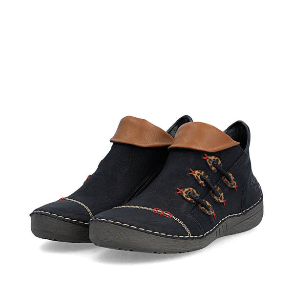 Rieker 72581-00 women's multi zip & lace ankle boots, paired three-quarter view.