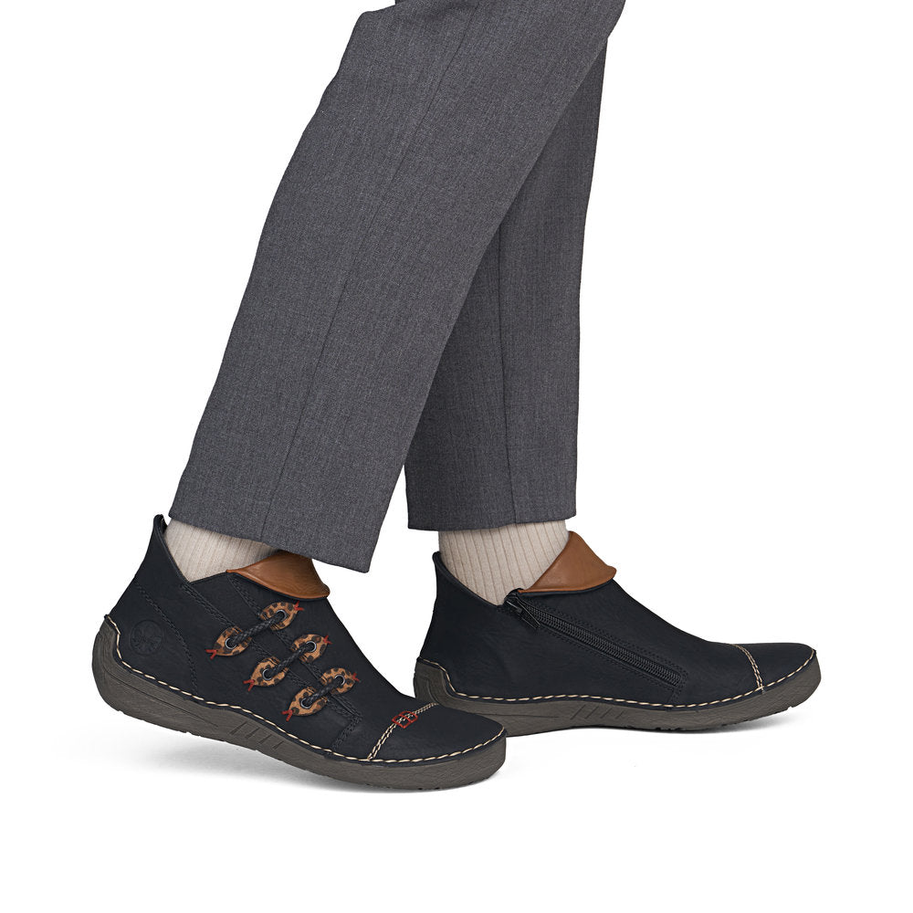Rieker 72581-00 women's multi zip & lace ankle boots, on-foot lifestyle view.