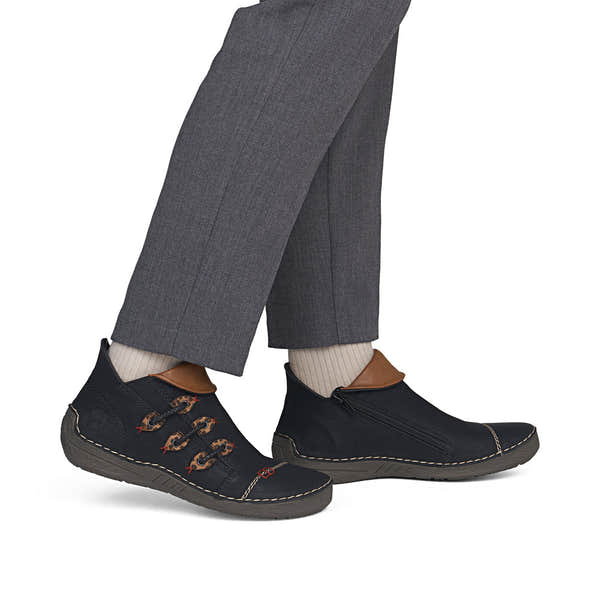 Rieker 72581-00 women's multi zip & lace ankle boots, on-foot lifestyle view.
