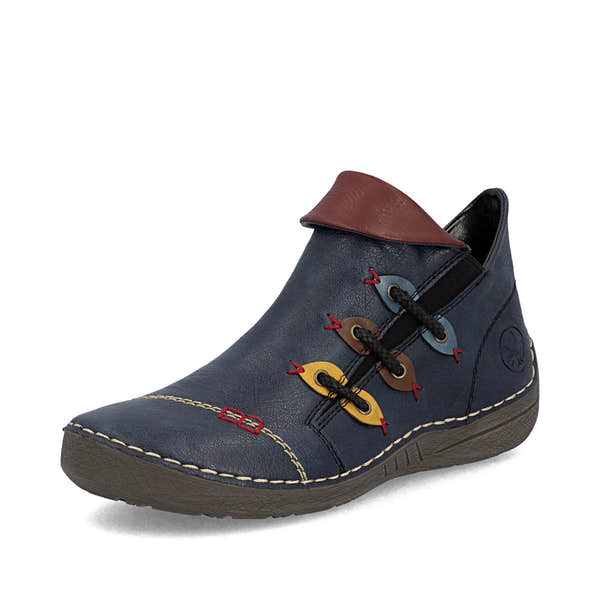 Rieker 72581-14 women's blue side zip ankle boots, front three-quarter view.