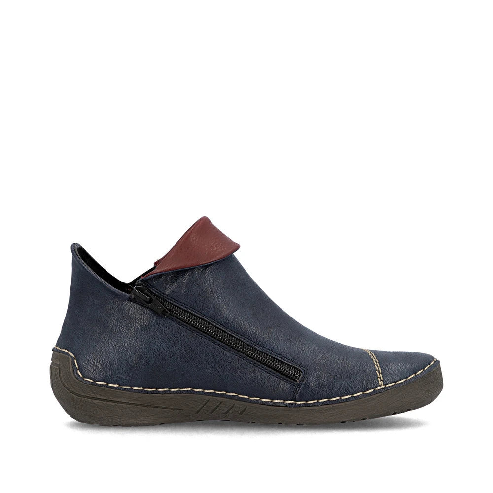 Rieker 72581-14 women's blue side zip ankle boots, outer side view.