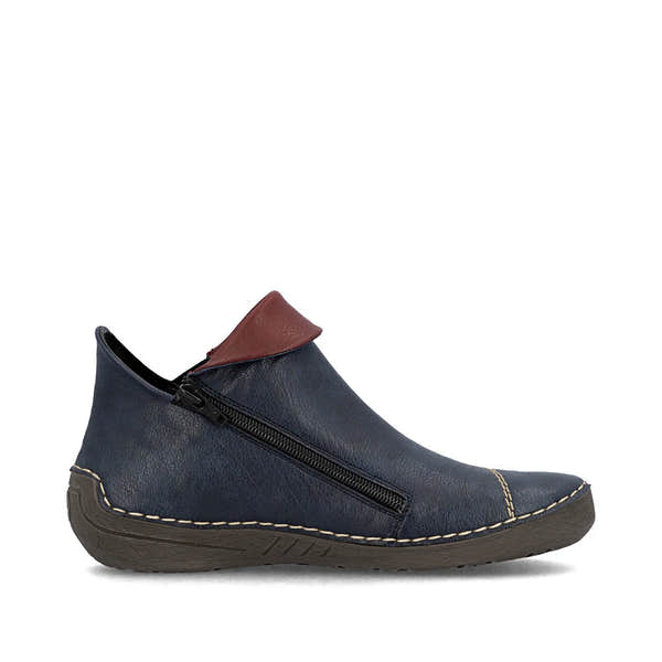 Rieker 72581-14 women's blue side zip ankle boots, outer side view.