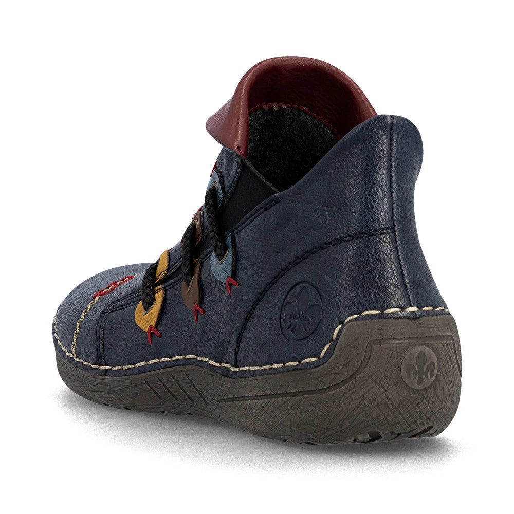 Rieker 72581-14 women's blue side zip ankle boots, rear three-quarter view.