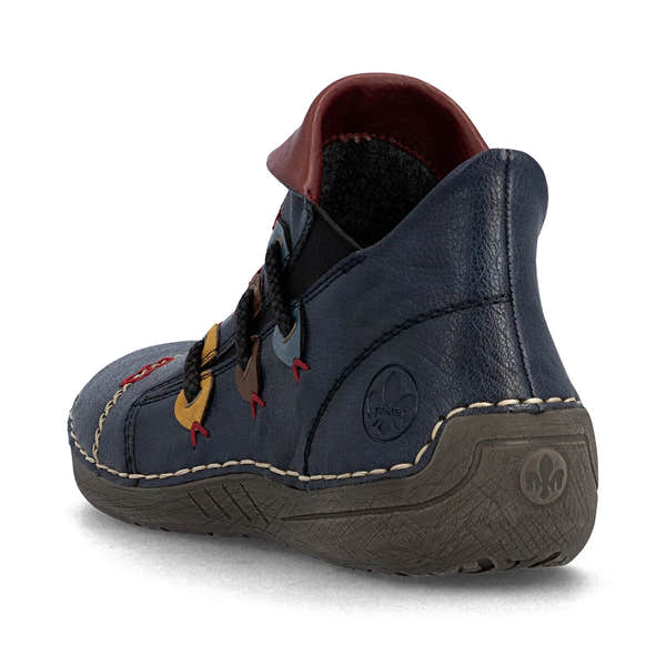 Rieker 72581-14 women's blue side zip ankle boots, rear three-quarter view.