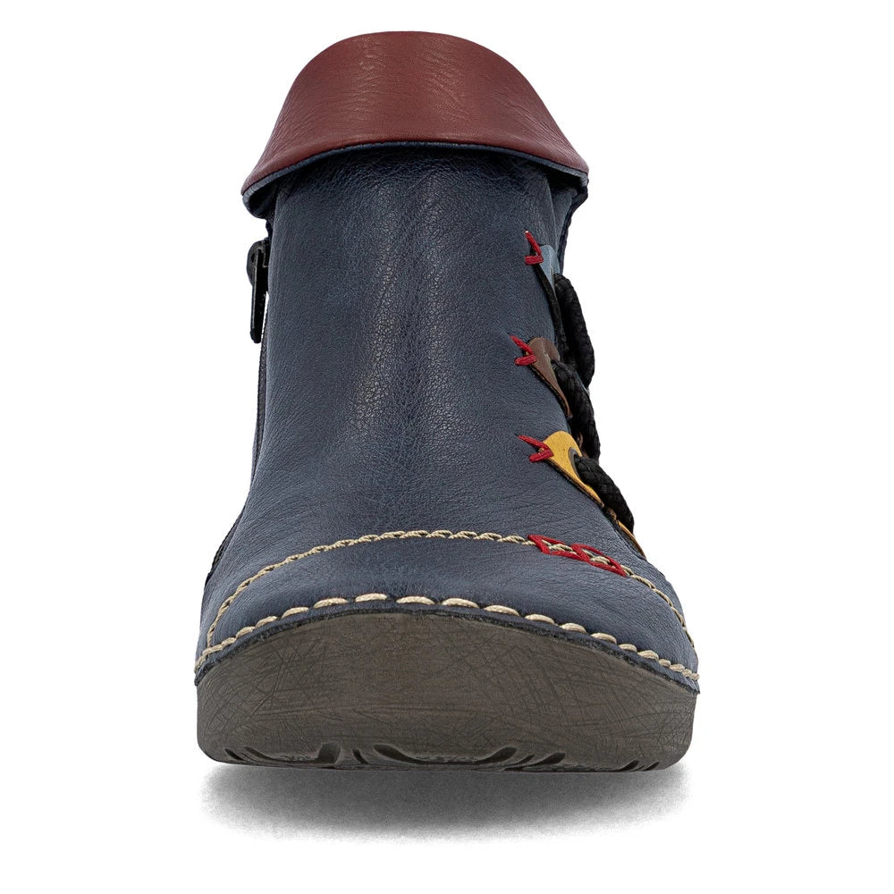 Rieker 72581-14 women's blue side zip ankle boots, front view.