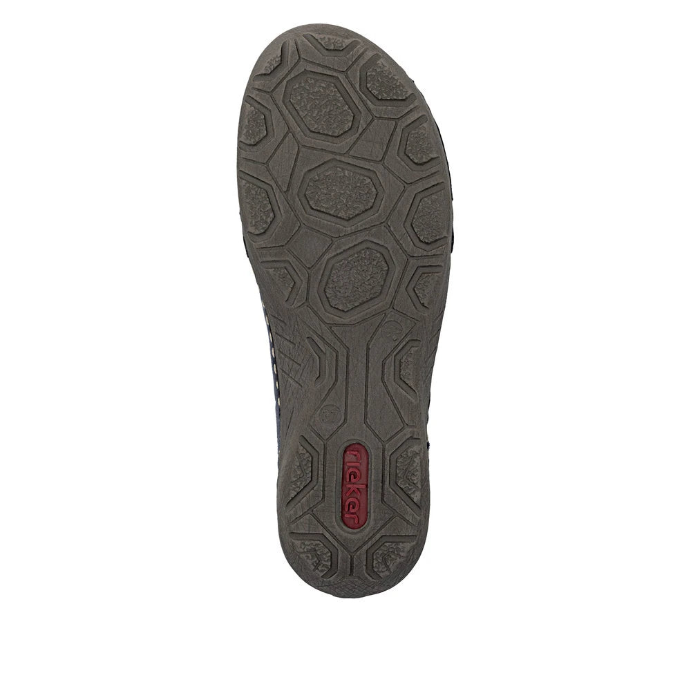 Rieker 72581-14 women's blue side zip ankle boots, sole and tread view.