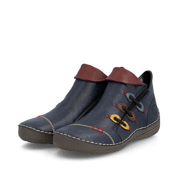 Rieker 72581-14 women's blue side zip ankle boots, paired three-quarter view.