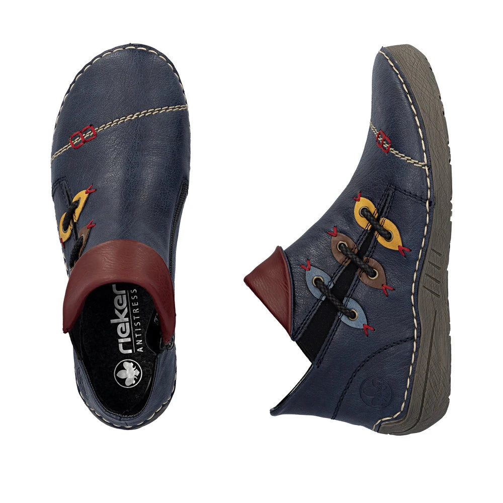Rieker 72581-14 women's blue side zip ankle boots, two-angle product view.