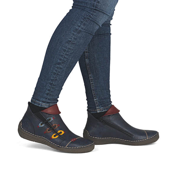 Rieker 72581-14 women's blue side zip ankle boots, on-foot lifestyle view.