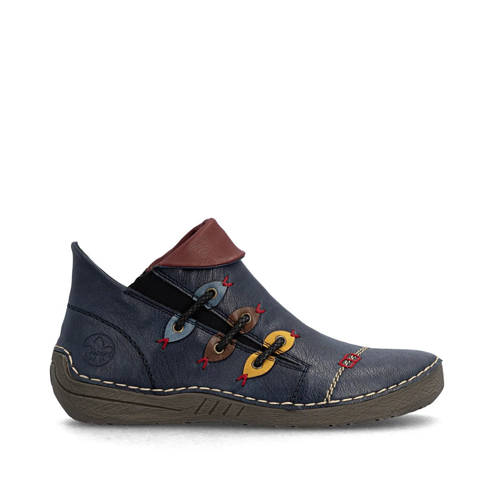 Rieker 72581-14 women's blue side zip ankle boots, opposite side view.