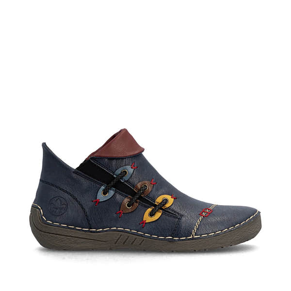 Rieker 72581-14 women's blue side zip ankle boots, opposite side view.